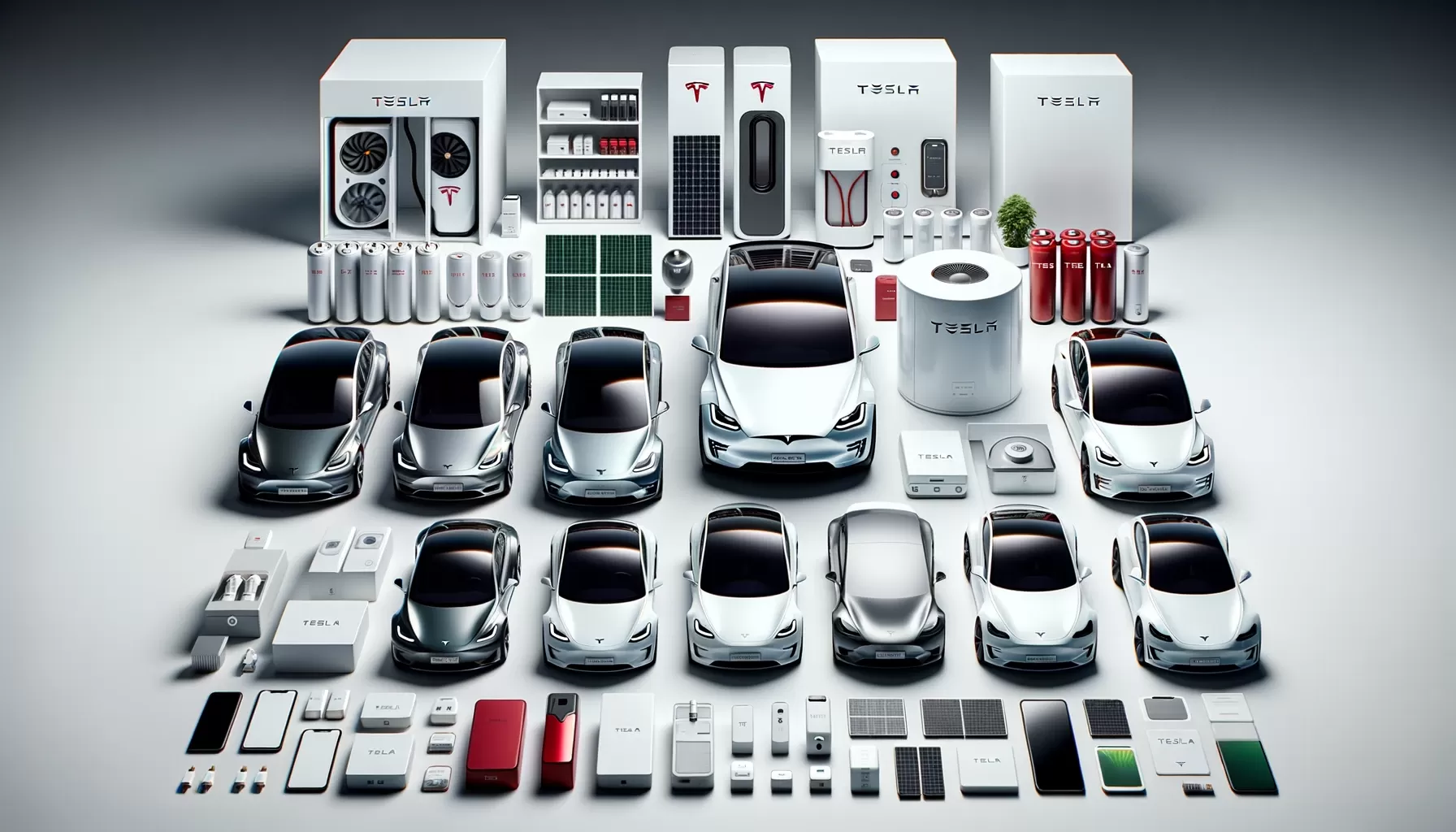 DALL·E 2023-10-17 17.11.51 - Render of Tesla's full range of products, from their iconic electric cars to their innovative energy storage solutions. Each product stands out with a-pic