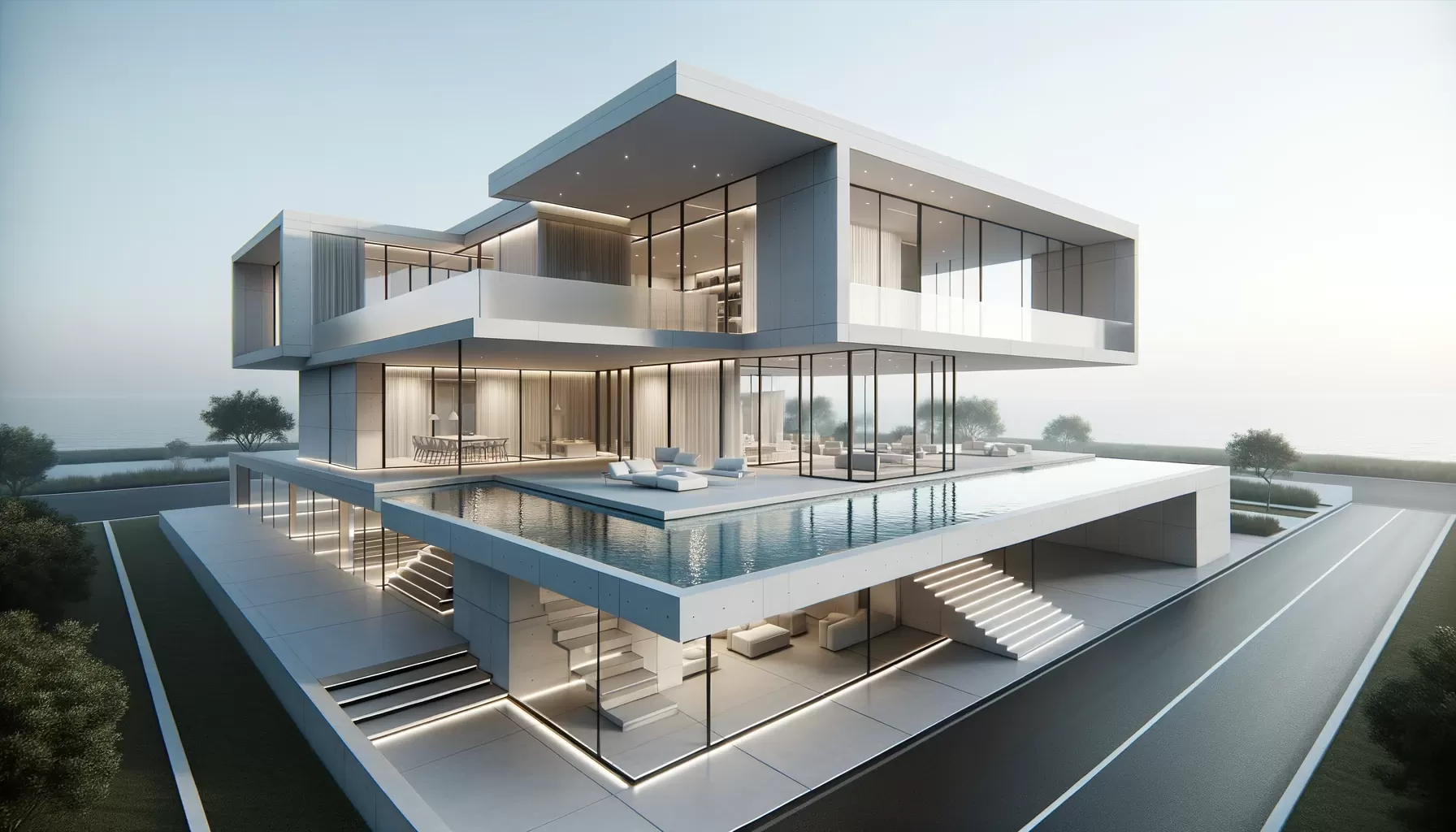 DALL·E 2023-10-17 17.11.37 - Render of a contemporary house design, featuring minimalist aesthetics, expansive glass walls, and a rooftop terrace-pic