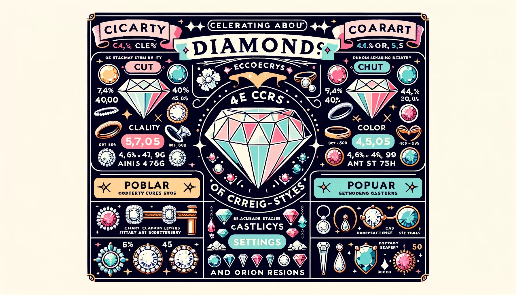 DALL·E 2023-10-17 17.11.22 - Vector design of an informative chart about diamond jewelry, highlighting the 4 Cs (Cut, Clarity, Color, Carat), popular setting styles, and origin re-pic
