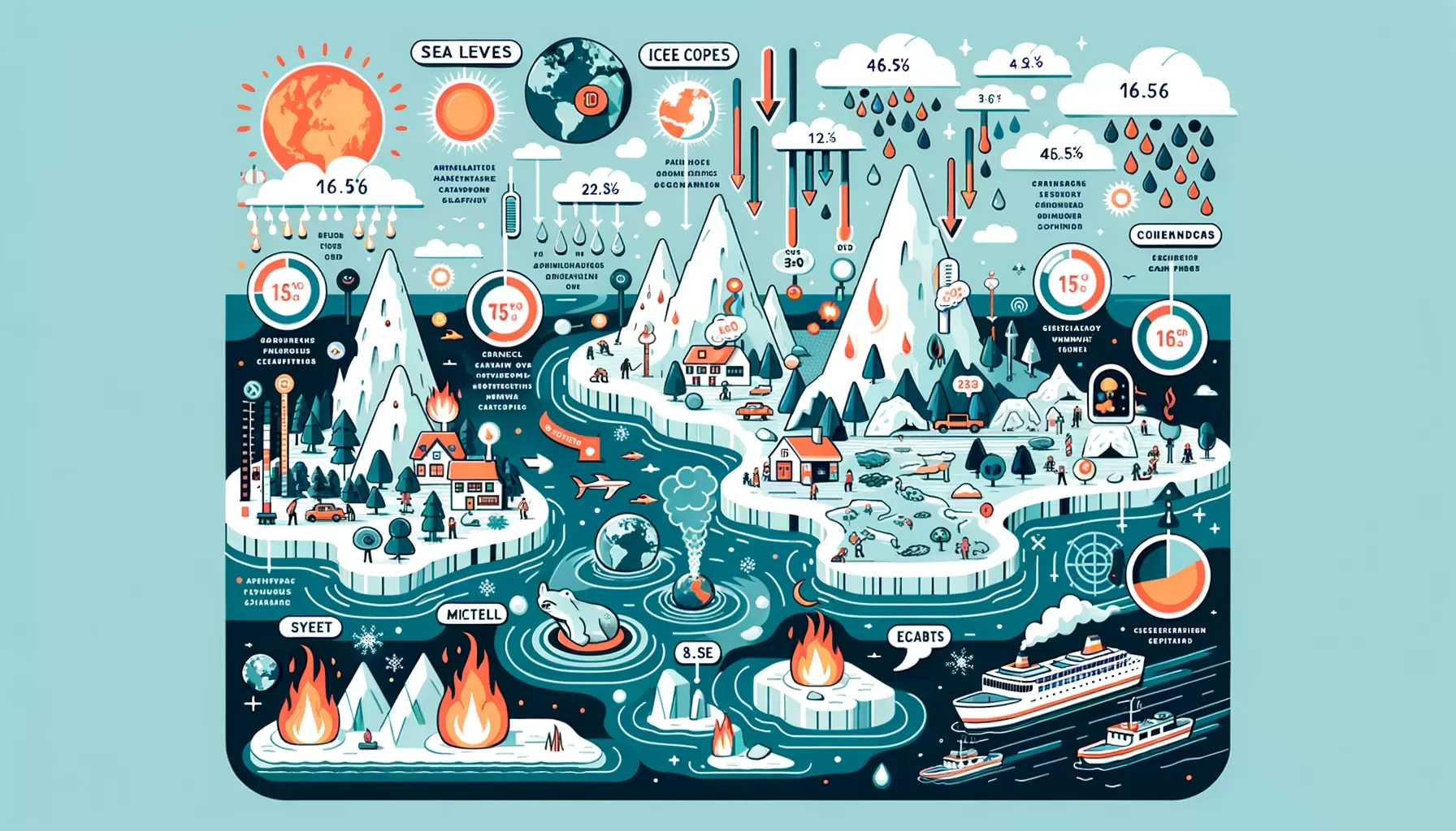 DALL·E 2023-10-17 16.54.35 - Illustration of an infographic detailing the causes and effects of global warming, including rising sea levels, melting ice caps, and the increase in -pic